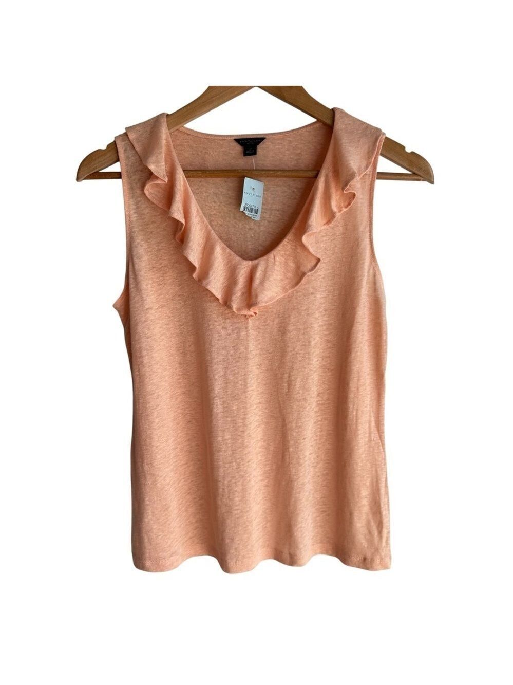 Ann Taylor 100% Linen Sleeveless Top Sz S Petite Peach Flutter Neckline Tank NWT